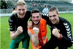Tschüß Bayernliga: Die drei Schlussmänner David Guyon, Andreas Schall und Jiri Bertelmann (v. links) freut es.