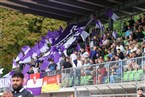 Die Bamberger Fans schwenken die weiß-violetten Fahnen rund um den Domreiter. 