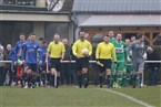 Angeführt vom Schiedsrichtergespann um Referee Patrick Höfer (Mi.) betreten beide Teams das Spielfeld. Gochsheim spielte in blau (li.), Friesen in grün (re.).